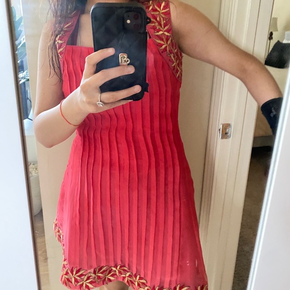 Raw silk fuschia pink ombré mini dress with hand embroidered gold & pink border - Picture 1 of 3